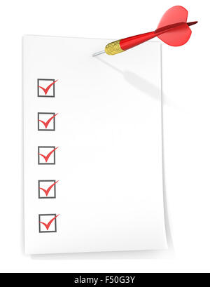 Check list with tick boxes. Paper on wall by Dart Arrow. Red theme color. Stock Photo