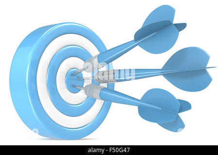 Blue and white Dart Board with 3 blue dart arrows. Stock Photo