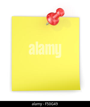 Yellow sticky note with Red semi transparent plastic Push Pin. Blank for Copy Space. Stock Photo