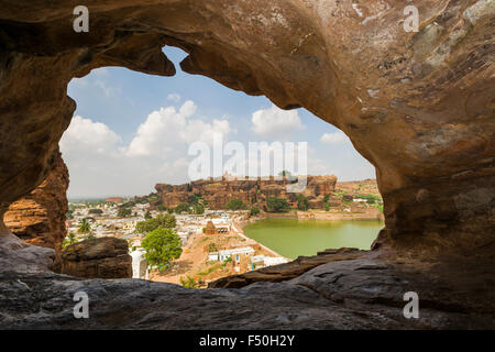 The view from Badami Caves, carved out of solid rock in 6th to 7th centuries, across the lake towards town Stock Photo