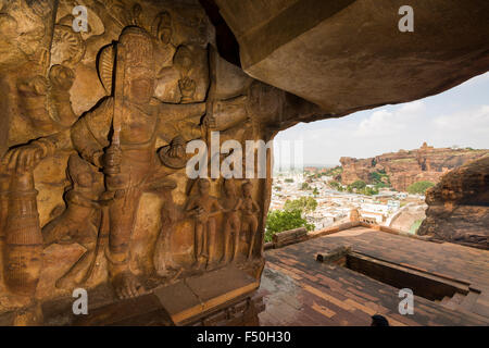 The view from Badami Caves, carved out of solid rock in 6th to 7th centuries, across the lake towards town Stock Photo