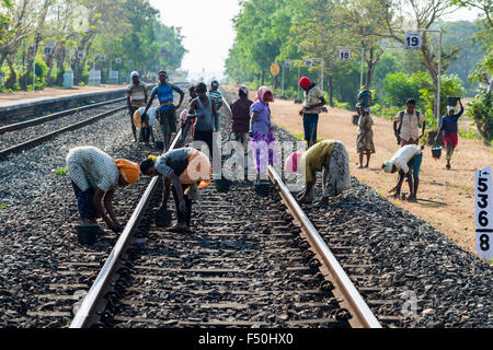 Labours are maintaining railway tracks Stock Photo