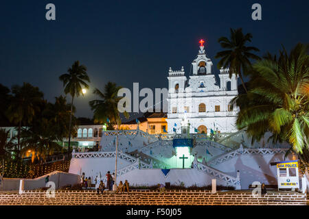 The Panchim Church, illuminated at night, is the main church in the Capitol City of Goa, a former portuguese colony Stock Photo