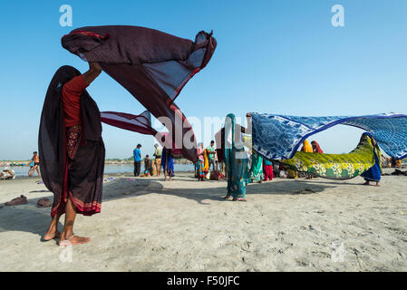 Some female pilgrims, women, are drying their saris after taking bath and praying in the holy river Yamuna Stock Photo