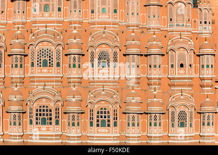 Detail of the Hawa Mahal, Palace Of The Winds, one of the major tourist attractions of the old walled Pink City Stock Photo