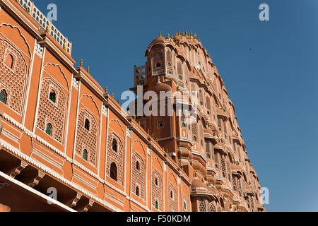 Detail of the Hawa Mahal, Palace Of The Winds, one of the major tourist attractions of the old walled Pink City Stock Photo