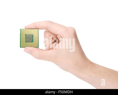 The processor is in male hands on a white background, isolated Stock Photo