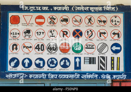 Roadsigns and traffic rules on a big plate, Beni, Myagdi district ...