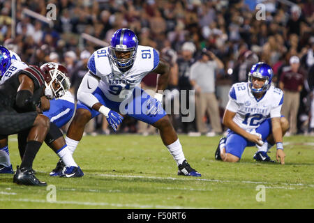 Starkville, MS, USA. 24th Oct, 2015. Kentucky Wildcats defensive end Farrington Huguenin (91) waits for a snap by the center during the NCAA Football game between the Mississippi State Bulldogs and the Kentucky Wildcats at Davis Wade Stadium in Starkville, MS. Chuck Lick/CSM/Alamy Live News Stock Photo