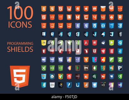 Vector collection of web development icons: html, css, tag, server, programming language, script, style  isolated on white Stock Vector