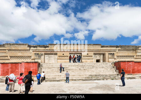 Mitla, Mexico - October 15, 2015: Tourists visit The Palace of Columns at Mitla archaeological site, Oaxaca state, Mexico. Stock Photo