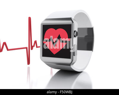 3d renderer image. Smart watch with red health icon. Fitness application for health. Isolated white background Stock Photo
