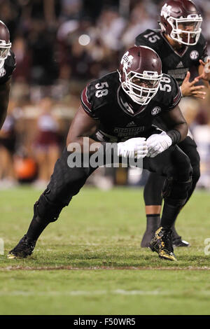Starkville, MS, USA. 24th Oct, 2015. Mississippi State Bulldogs offensive lineman Justin Senior (58) during the NCAA Football game between the Mississippi State Bulldogs and the Kentucky Wildcats at Davis Wade Stadium in Starkville, MS. Chuck Lick/CSM/Alamy Live News Stock Photo