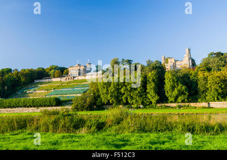 The castles Lingner Castle and Eckberg Castle overlooking the valley Elbe Stock Photo