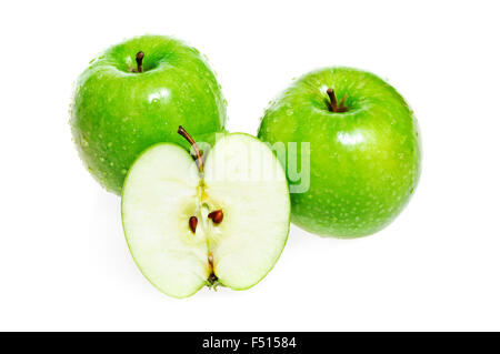 Green apples whole and half isolated on white background Stock Photo