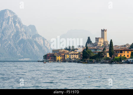 The old town is located at the shore of Lake Garda, seen across the Waters Stock Photo