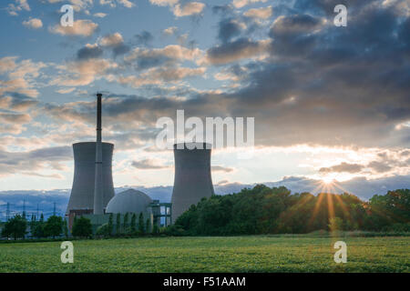 The nuclear powerplant Grafenrheinfeld, seen at sunset Stock Photo