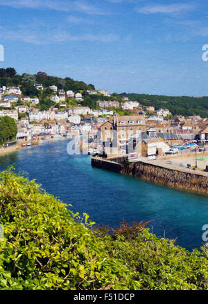 View of Looe town and river Cornwall England illustration like oil painting Stock Photo