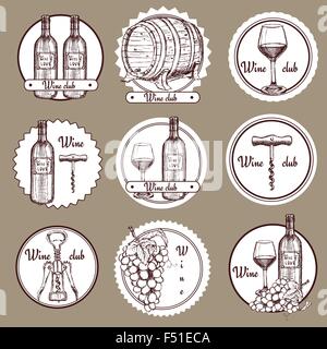 Sketch wine set of logos in vintage style, vector Stock Vector