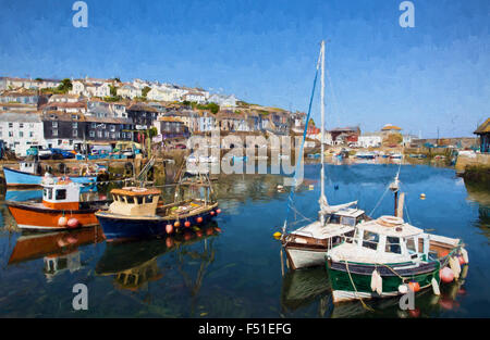 Boats in Mevagissey harbour fishing village in Cornwall England near St Austell on a beautiful summer day like oil painting Stock Photo