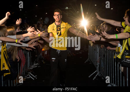 Belchatow, Poland. 25th Oct, 2015. Facundo Conte, welcomed by his fans, during official presentation of PGE Skra Belchatow team for 2015/2016 volleyball season. Credit:  Marcin Rozpedowski/Alamy Live News Stock Photo