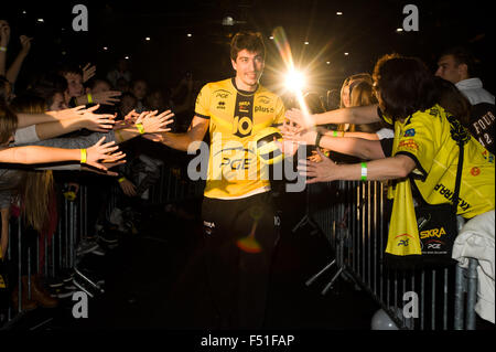Belchatow, Poland. 25th Oct, 2015. Nicolas Uriarte, welcomed by his fans, during official presentation of PGE Skra Belchatow team for 2015/2016 volleyball season. Credit:  Marcin Rozpedowski/Alamy Live News Stock Photo
