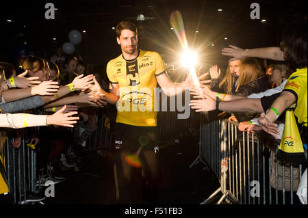 Belchatow, Poland. 25th Oct, 2015. Marcel Gromadowski, welcomed by his fans, during official presentation of PGE Skra Belchatow team for 2015/2016 volleyball season. Credit:  Marcin Rozpedowski/Alamy Live News Stock Photo