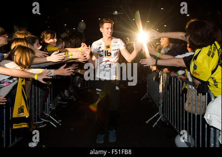 Belchatow, Poland. 25th Oct, 2015. Kacper Piechocki, welcomed by his fans, during official presentation of PGE Skra Belchatow team for 2015/2016 volleyball season. Credit:  Marcin Rozpedowski/Alamy Live News Stock Photo
