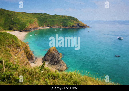 Lantic Bay Cornwall England near Fowey and Polruan secluded with turquoise and blue sea illustration like oil painting Stock Photo