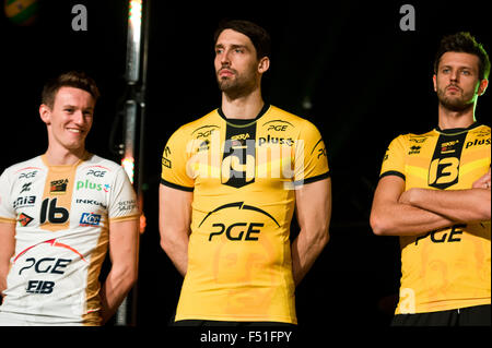 Belchatow, Poland. 25th Oct, 2015. Marcel Gromadowski (C), pictured during official presentation of PGE Skra Belchatow team for 2015/2016 volleyball season. Credit:  Marcin Rozpedowski/Alamy Live News Stock Photo