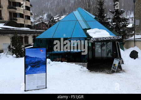 Winter snow, the Matterhorn Museum, Zermatt town, Valais canton, Pennine Alps, southern Switzerland, Europe. Stock Photo