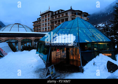 Winter snow, the Matterhorn Museum, Zermatt town, Valais canton, Pennine Alps, southern Switzerland, Europe. Stock Photo