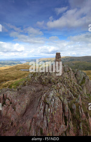 Summer, Summit cairn and OS Trig Point on Place Fell, Hartsop, Lake District National Park, Cumbria County, England, UK. Stock Photo