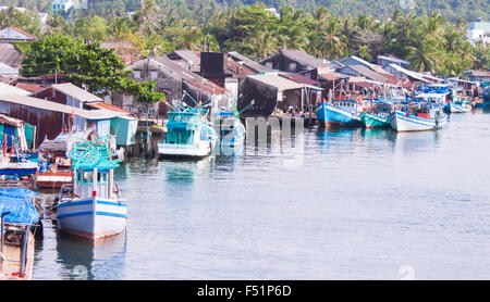 Blue fishing boats, at a fisher village, at Phu quoc, in duong dong, Vietnam Stock Photo
