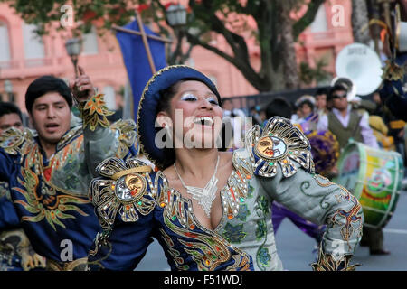Bolivian migrants in Argentina celebrate the Virgen de Copacabana  the patron saint of Bolivia in traditional clothes and dances Stock Photo