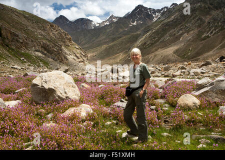 India, Himachal Pradesh, Lahaul Valley, Batal, senior female tourist amongst wild flowers growing beside rocky Spiti road Stock Photo