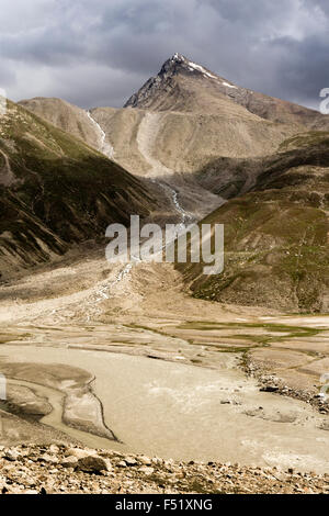 India, Himachal Pradesh, Lahaul Valley, Chhota Dara, glacial meltwater stream flowing into Chandra River valley