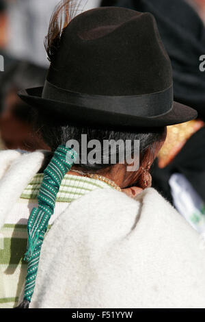 Indigenous woman wearing traditional hat at Otavalo market, Ecuador, South America Stock Photo