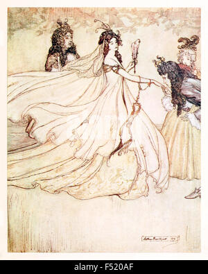 'Ashenputtel goes to the ball.' from 'Ashenputtel' (Cinderella) in ‘The Fairy Tales of the Brother's Grimm', illustration by Arthur Rackham (1867-1939). See description for more information. Stock Photo