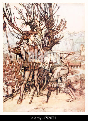 'The young Prince said, 'I am not afraid; I am determined to go and look upon the lovely Briar Rose.' from 'Briar Rose' in ‘The Fairy Tales of the Brother's Grimm', illustration by Arthur Rackham (1867-1939). See description for more information. Stock Photo