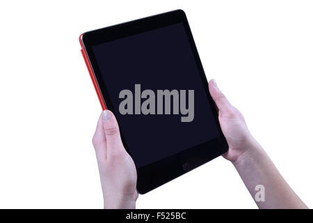 Tablet in women hands isolated on white background Stock Photo