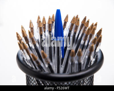 Bic Crystal Blue pens in pencil case Stock Photo