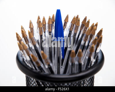 Bic Crystal Blue pens in pencil case Stock Photo