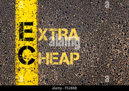 Concept image of Business Acronym EC as EXTRA CHEAP written over road marking yellow paint line. Stock Photo