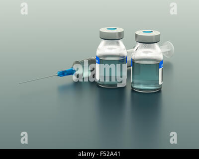 Syringe and vials on blue background Stock Photo