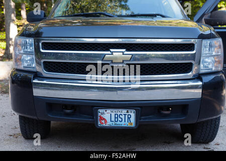 An american truck with a lobster-related number plate, Maine, New England, USA Stock Photo