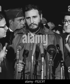 Cuban leader Fidel Castro speaks to the media after arriving at the MATS Terminal April 15, 1959 in Washington, DC. Stock Photo