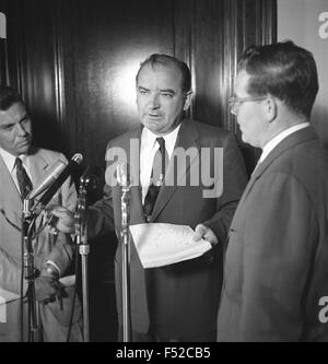 US Senator Joseph McCarthy standing at microphone discussing the Senate Select Committee to Study Censure Charges June 1954 in Washington, DC. Stock Photo