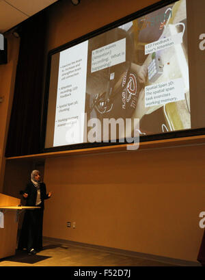 Las Cruces, NM, USA. 23rd Oct, 2015. Rajaa Shindi delivers the presentation of her start-up BrainSTEM during the Aggie Shark Tank event at New Mexico State University in Las Cruces, N.M., Friday, Oct. 23, 2015. © Andres Leighton/Albuquerque Journal/ZUMA Wire/Alamy Live News Stock Photo