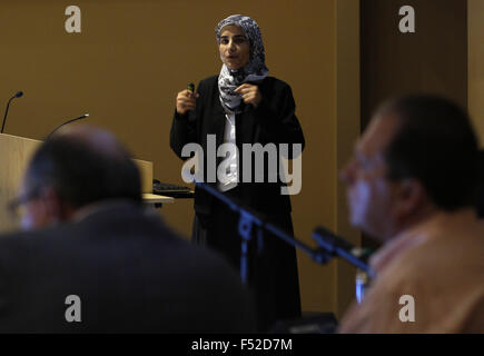 Las Cruces, NM, USA. 23rd Oct, 2015. Rajaa Shindi delivers the presentation of her start-up BrainSTEM to local ''sharks'' during the Aggie Shark Tank event at New Mexico State University in Las Cruces, N.M., Friday, Oct. 23, 2015. © Andres Leighton/Albuquerque Journal/ZUMA Wire/Alamy Live News Stock Photo